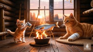 😹Маленький котёночек жарит вкусную и сочную рыбку для своей мамы кошечки🔥