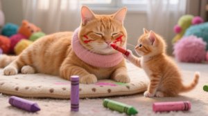 Умиление! Меловой хаос котёнка  тигровой шапочке — от рисунков на мордочке до совместного творчества