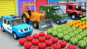 Учим фрукты с пожарной машины машины скорой помощи бульдозера и полицейской машины с новыми колесами