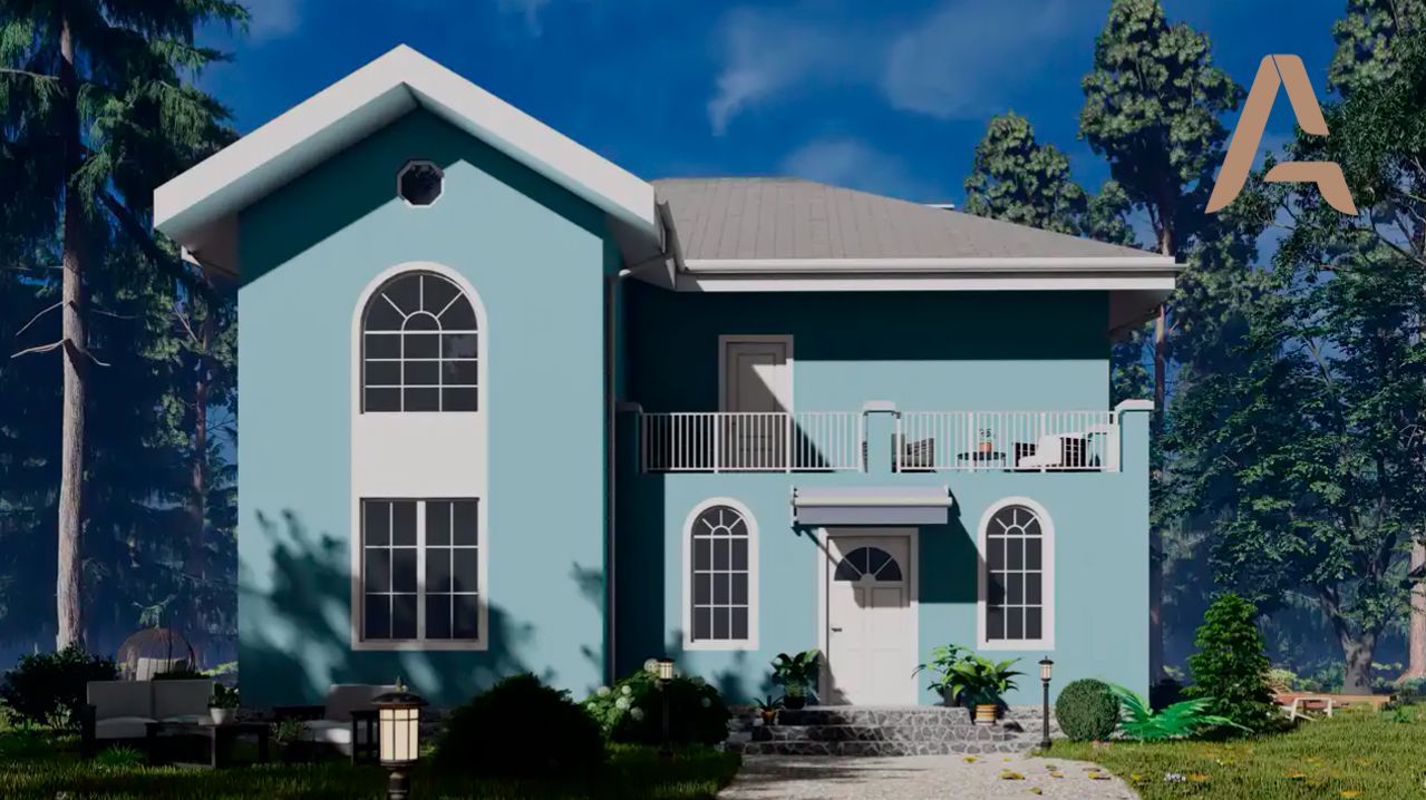 Практичный двухэтажный дом для небольшой семьи. Проект дома с эркером, уютной верандой и балконом