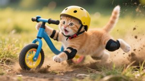 Котёнок в тигровой шапочке учится кататься на велосипеде — падает, пробует снова, а потом…