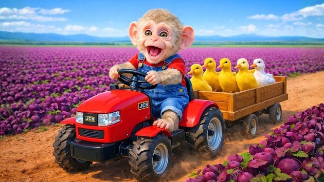 Обезьянка Нана водит Красный трактор и спасает уток, попавших в грязевой поток | Работа на обезьянье