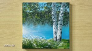 Утреннее озеро с березками на берегу / Акриловая живопись для начинающих