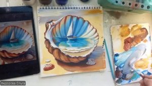 Гуашь. Раковина с парусником