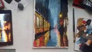 Акрил. Ночь, улица, дождь