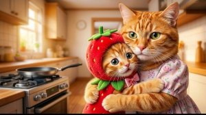 Мама-кошка спокойно обнимает котенка после того, как он чуть не обжегся