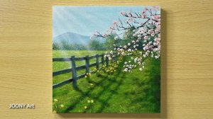 Весенняя композиция с изгородью и розовым деревом / Акриловая живопись для начинающих