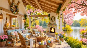 Пасхальная веранда с камином и мягким джазом у озера для отдыха 🐣🔥