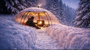 Уютный одиночный поход в прозрачной палатке. Кемпинг.