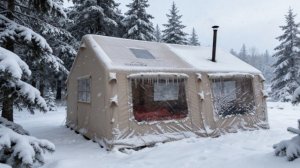 Тёплый снежный кемпинг с печкой в сильную снежную бурю.