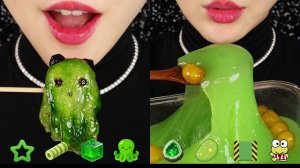 Зелёная еда, мукганг, ASMR, корейская закуска, слайм-желе, тапиока, ASMR, челлендж с зелёными эмодзи
