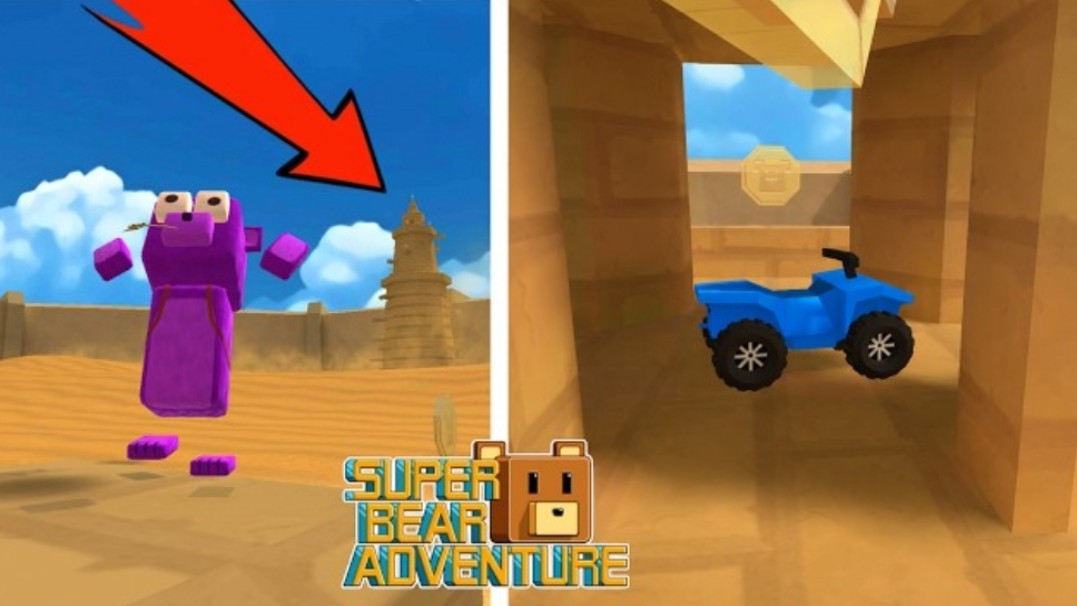 Cиняя машина в пустыне Бимотеп в игре Супер Мишка/Super Bear Adventure