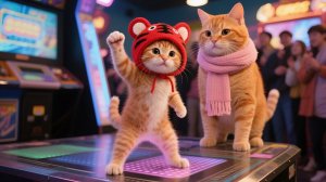 Аркадный квест котёнка в тигровой шапочке: наставник по крану-машинке + стул-кольцо + сплит в танце