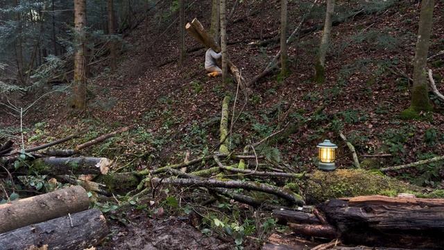 Лесная жизнь. Мужчина строит убежище