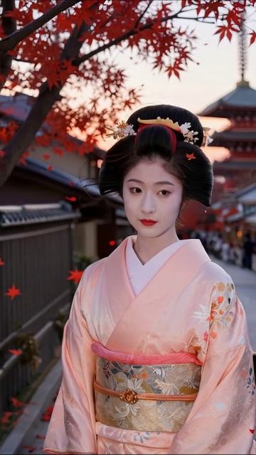 Прекрасная гейша на фоне осенних листьев #Япония #культура #осень