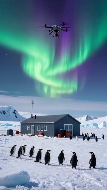 Пингвины под северным сиянием: удивительное путешествие #пингвины #дрон #северноесияние