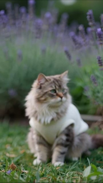 Очаровательный кот в цветах лаванды #кот #лаванда #домашниеживотные