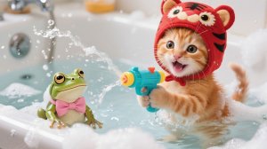 Котёнок в тигровой шапочке принимает ванну с лягушонком в бабочке｜Дневник Дейзи 61