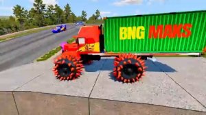 Giant LOGS DUMP MACK TRUCK VS Cars Lightning McQueen Police Car Giant Spikes