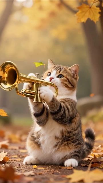 Музыкальный кот с трубой в осеннем парке #кошки #музыка #осень