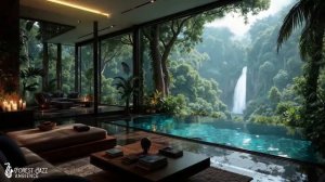 Джаз, уютная комната с видом на водопад, природа и лес