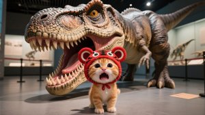 Тигровая шапка улетает! Котёнок напуган «живым» тираннозавром в музее динозавров