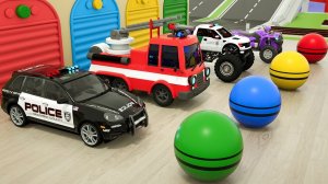 Пожарная машина и полицейская машина выезжают из гаража. Информация о машине для детей