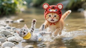 Переполох на кленовом кемпинге у ручья! Котёнок в  шапочке прыгает спасать серебристого котёнка