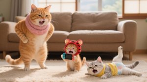 котёнок кидает телефон в Котёнка в тигровой шапочке ради игровой приставки — начинается  драка