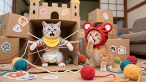 Серебристый котёнок запутался в пряже ! Мусор превращается в картонный замок!