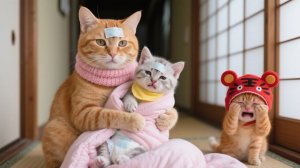 Котёнок в тигровой шапочке становится маленькой медсестрой — поит лекарством и кашей