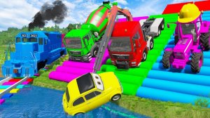 Мультики для детей. Спасение на грузовике с платформой - Машины против рельсов и поезда. Мультики
