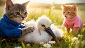 Два котёнка нашли потерявшегося аистенка... и помогли ему