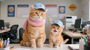 Котёнок в шапочке надевает рабочую кепку, чтобы заправиться, и останавливает водителя от курения