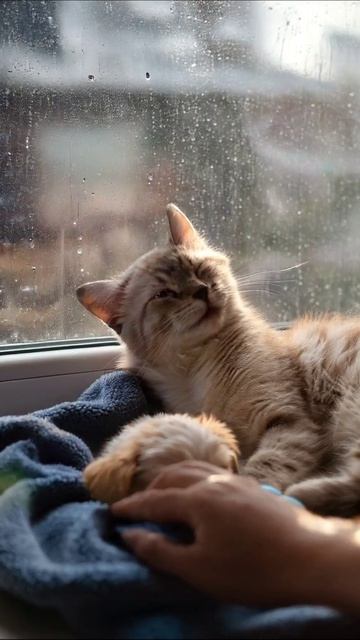 Мир сна: Кот и щенок под дождем #кот #щенок #доброта