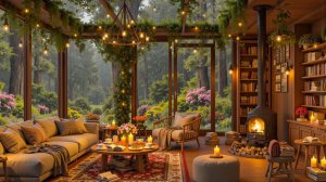 Дождливая гостиная с камином и мягким джазом для отдыха и сна 🌧️🔥