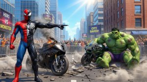 Человек-паук превратился в Венома и победил Халка в захватывающей гонке на мотоциклах.