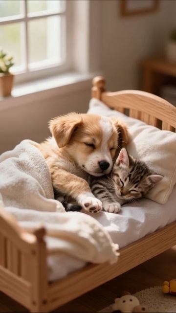 Сонное дружелюбие: щенок и котенок вместе #друзья #питомцы #лайк