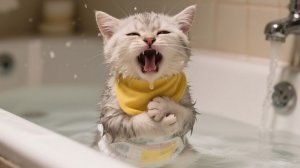 Серебристый котёнок пьёт ледяную колу и сидит в холодной воде, чтобы не идти в детский сад!