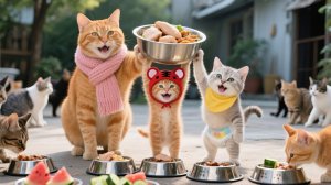 Три кота поднимают миски ради пира.  Дейзи ведёт кормёжку, а котята просто невозможная милота