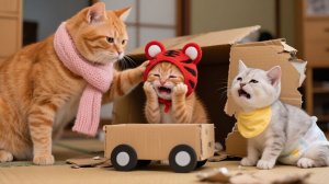 Слёзы после ДТП: картонный болид разбит, три кота в отчаянии Дейзи спасает положение игрушечным авто