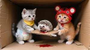 ёжик найден в картонном домике!Котёнок в шапочке и серебристый котёнок спасают его и мастерят гнездо