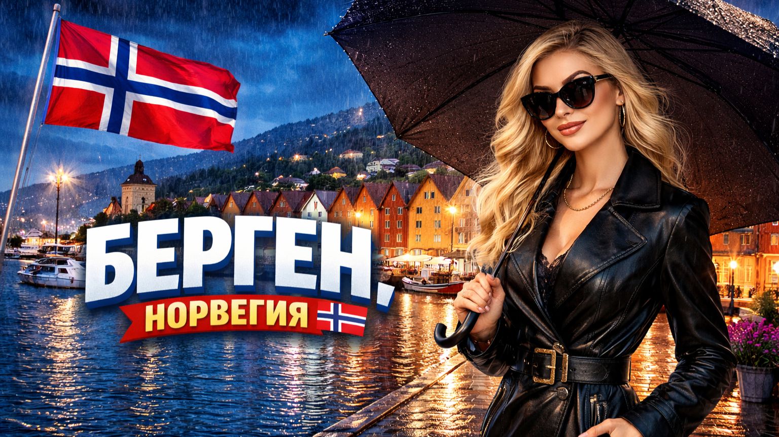 Ливень с грозой в Бергене, Норвегия. Ночная прогулка в формате 4k