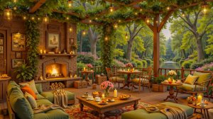 Уютная весенняя веранда с камином и мягким джазом для отдыха у воды ✨🔥