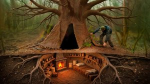 Строительство теплого и уютного убежища внутри большого дерева. Выживание в дикой природе.