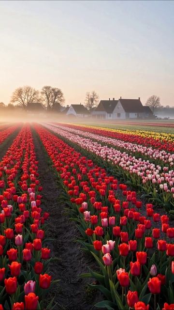 Весенний цветник: поля тюльпанов и утреннее солнце #тюльпаны #весна #природа