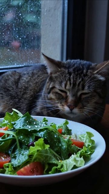 Котик и салат: идеальное утро #кот #салат #утро