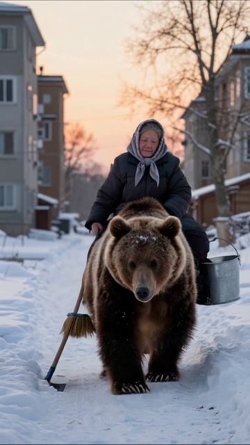 Бабушка и медведь: необычная прогулка по снегу #бабушка #медведь #зима
