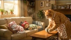 Котята заботятся о маме кошке