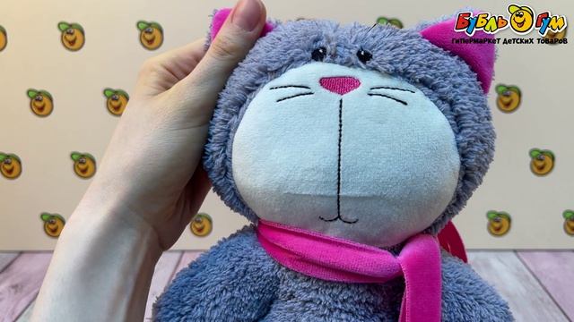 Игрушка мягкая FANCY BABY Котик Кудряш с розовым шарфиком серый 31см - видео